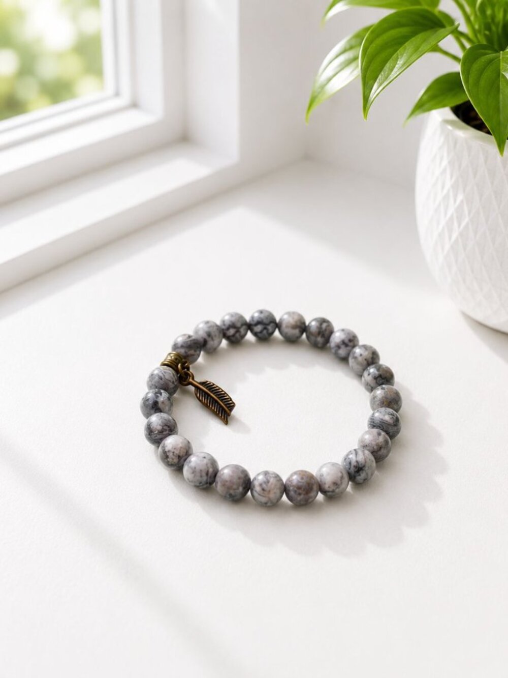 Natural Stone Beaded Bracelet With Brass Feather Charm Gray Marbled Design Handm